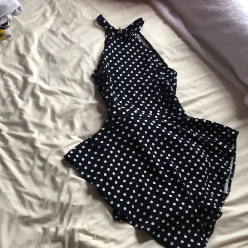 Open back black romper dress with white dots
